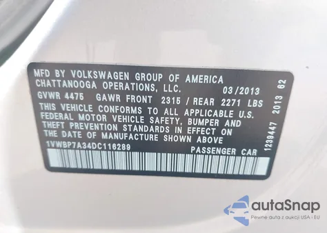 2013 Volkswagen Passat 2.5L Se from USA, damaged, VIN 1VWBP7A34DC116289